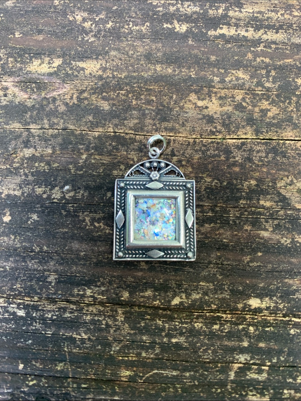 Iridescent Mosaic Roman Glass Sterling Silver Square Opal-Effect Pendant